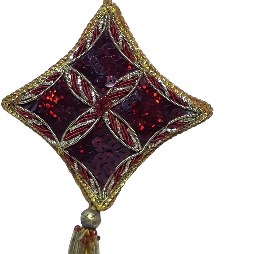 Trails to Bridges Christmas Ornament Red Beaded Sequins Gold Corded - Picture 3 of 5